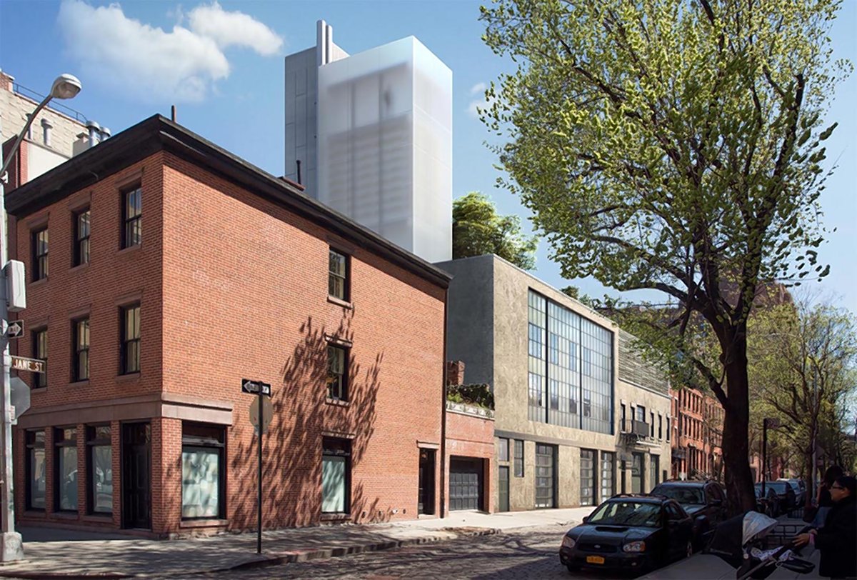 A rendering of the proposed design for 85 Jane St., featuring a tower sheathed in translucent glass. Community Board 2 was especially disturbed by the incongruous glass tower, saying it would be “a monolithic glow-in-the-dark presence on a quiet Village street.”