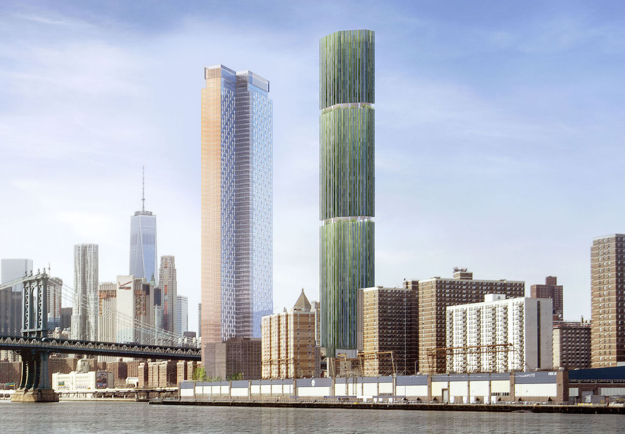 A design rendering showing the planned 77-story 247 Cherry St. tower, at right, and Extell’s 80-story One Manhattan South, currently under construction, at left.  Courtesy JDS Development Group and SHoP Architects