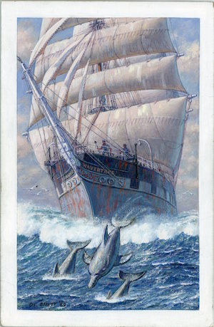 “Wavertree under sail” by Oswald Brett, 1969 (Crayon on paper, 9 ½ x 6 ¼ in.). Image courtesy South Street Seaport Museum Foundation.