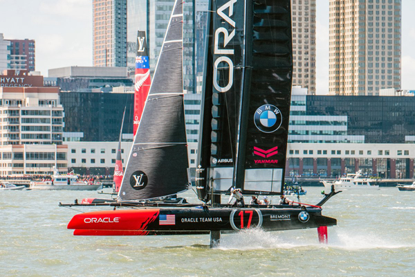 America’s Cup yacht racing at Battery Park City’s North Cove Marina 1 Photo by Milo Hess At top speed, the boats’ hulls rise out of the water and slice through the waves on hydrofoils.