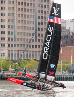 America’s Cup yacht racing at Battery Park City’s North Cove Marina 2 Photo by Milo Hess Team USA didn’t win the race, but did provide a winning moment of drama by nearly capsizing in a gust of wind.