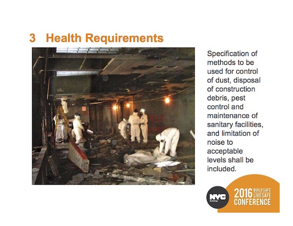 DOB Seminar Concentrates on Tenant Protection 4 An excerpt from the DOB’s Tenant Protection seminar presentation. Other areas of focus included Egress, Fire Safety, Compliance with Housing Standards, Structural Safety, and Noise Restrictions. Image courtesy NYC Department of Buildings.