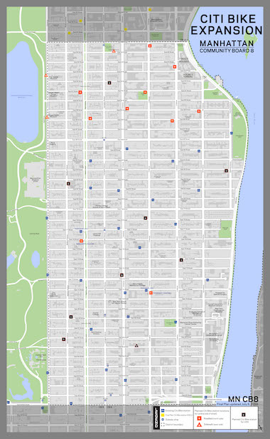 The city Department of Transportation’s current plan for infilling and reducing the size of Citi Bike docking stations on the Upper East Side. | NYC DOT 