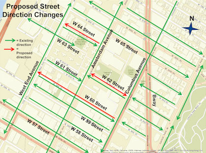 The traffic flow adjustments the city Department of Transportation presented at a June 14 Community Board 7 meeting. | NYC DOT 