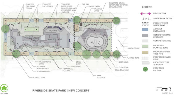 The Parks Department’s new redesign plans for Riverside Skate Park emphasizes a single a single bowl that ranges in depth from six feet to 11 feet. | NYC DEPARTMENT OF PARKS & RECREATION 