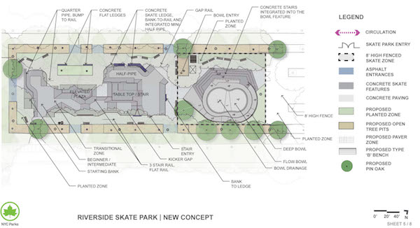 Parks Department, Skaters Come to Agreement on Redesign at Riverside Park 1 The Parks Department’s new redesign plans for Riverside Skate Park emphasizes a single a single bowl that ranges in depth from six feet to 11 feet. | NYC DEPARTMENT OF PARKS & RECREATION