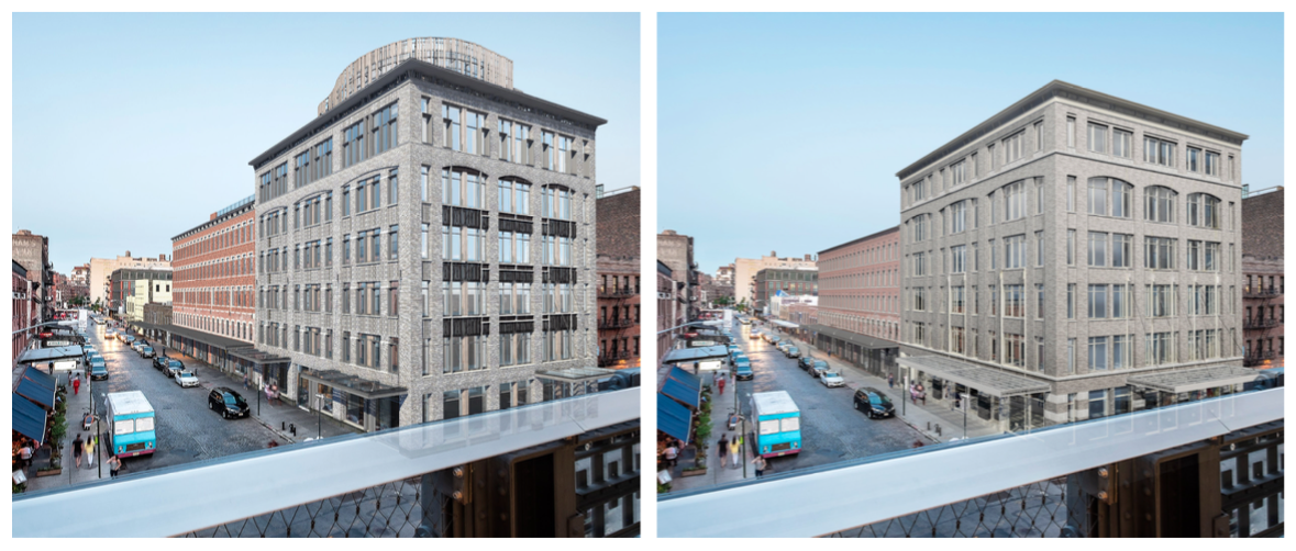 An earlier design for the "Gansevoort Row" project, left, and the latest version, right. The revisions were in response to critiques from the Landmarks Preservation Commission, which has approved the new design.