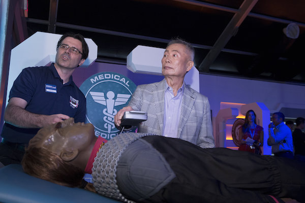 Your new away mission: 'Trek' to the Intrepid 1 At the June 30 press preview, George Takei (aka helmsman Hikaru Sulu in “Star Trek: The Original Series”) ponders a new career with Starfleet Medical. © Erika Kapin Photography.