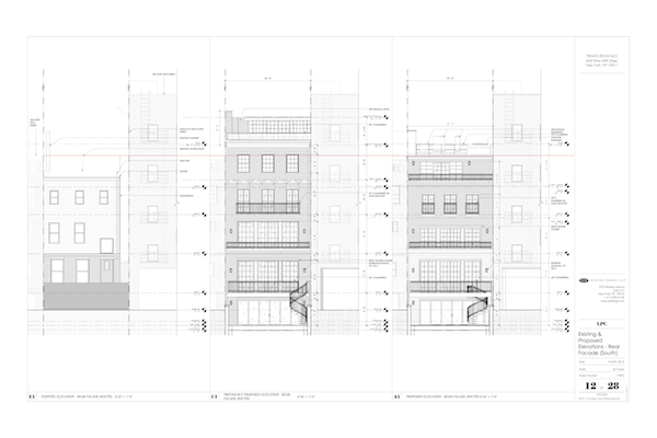 LPC Considers Revised Plans For 404 W. 20th St. 3 L to R: A view of the front of 404 — as it stands, from April’s plans, and from current plans. Rendering courtesy LPC/Suk Design Group LLP.
