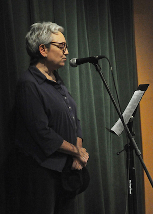 Charlotte Marchand’s “Coming Out to My Dead Father” referenced her experience in the women’s movement of the ’60s and the Weatherman. Photo by Linda Rizzo.