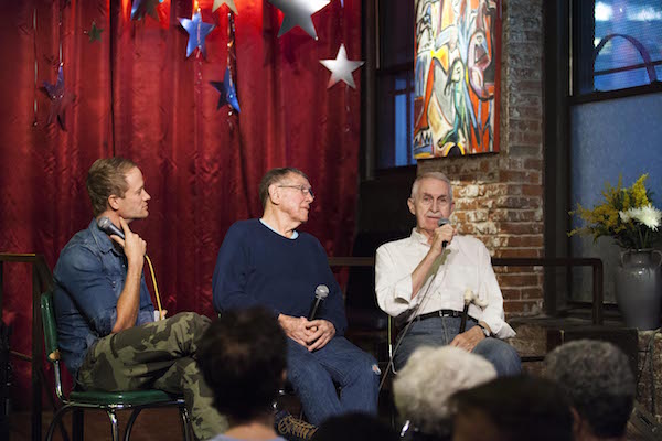 L to R: Broadway actor Kyle Post swaps stories with Frank Davis (former dancer with Judy Garland) and Lawrence Merritt (former Broadway dancer with Lucille Ball), at an April 2016 Generations Project “Friendship” event. Photo by Emil Cohen.