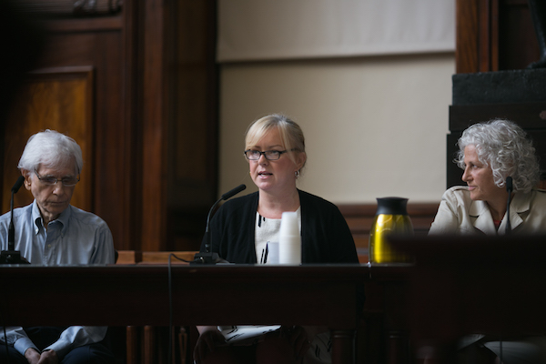Jennifer Goodstein, center, CEO and publisher of NYC Community Media, and Jeanne Straus, right, publisher of Straus News, testified at a June 23 City Council hearing on proposed newsrack legislation. Photo by William Alatriste/NYC City Council.