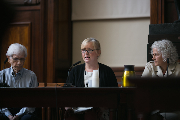 Council Considers Regulating Newsracks 2 Jennifer Goodstein, center, CEO and publisher of NYC Community Media, and Jeanne Straus, right, publisher of Straus News, testified at a June 23 City Council hearing on proposed newsrack legislation. Photo by William Alatriste/NYC City Council.