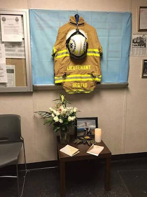 A memorial for Lieutenant JoAnn Restko at FDNY-EMS Station 7, where she worked for 14 years. Photo courtesy Facebook.com/FDNYWomen.
