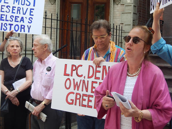 At the June 4 rally, Manhattan Borough President Gale Brewer (foreground, right) decried the LPC’s lax record of following their own laws. Photo by Sean Egan.