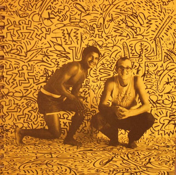 Keith Haring, right, and LA II back when they collaborated on artworks. Some of LA II’s “LA ROC” infill tags and other flourishes can be seen in the work behind them.