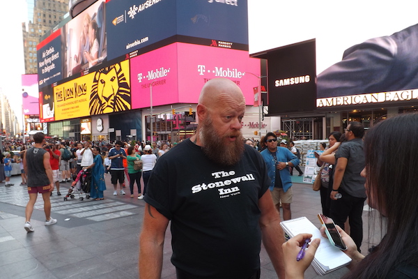 Thomas Simmons, a member of Outright Libertarians, spoke out in favor of gun rights in Times Square on the afternoon of the Pride March. | DUNCAN OSBORNE 