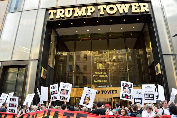Taking Protest Right to Trump's Front Door 4 Protesters in front of Trump Tower on June 21. | DONNA ACETO