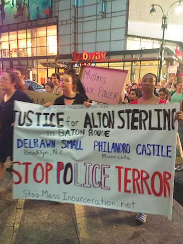 On July 8, day after the killing of five police officers in Dallas, protesters outside Penn Station express anger at police abuses. | LAUREN VESPOLI 