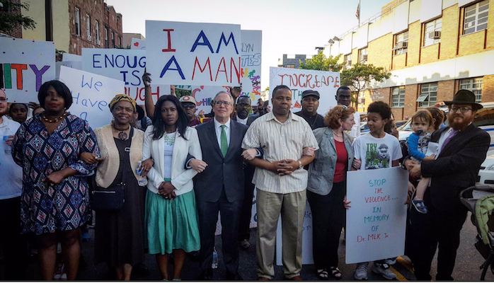 City Comptroller Scott Stringer (center), at a June 12 Unity Walk in Brooklyn, is joined by (l. to r.) State Assemblymember Latrice Walker, State Senator Velmanette Montgomery, Assemblymember Diana Richardson, Senator Jesse Hamilton, and Assemblymember Jo Anne Simon. | TWITTER.COM/SCOTTMSTRINGER 