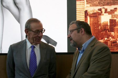 Stephen Ross, founder and chairman of Related, chats with Hector Figueroa, president of 32BJ Service Employees International Union. | YANNIC RACK 
