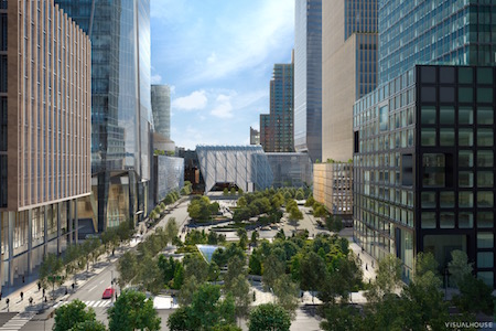 The public plaza that will be the centerpiece of the neighborhood once it opens in 2018, seen across the new 7 subway stop. | COURTESY: RELATED-OXFORD 