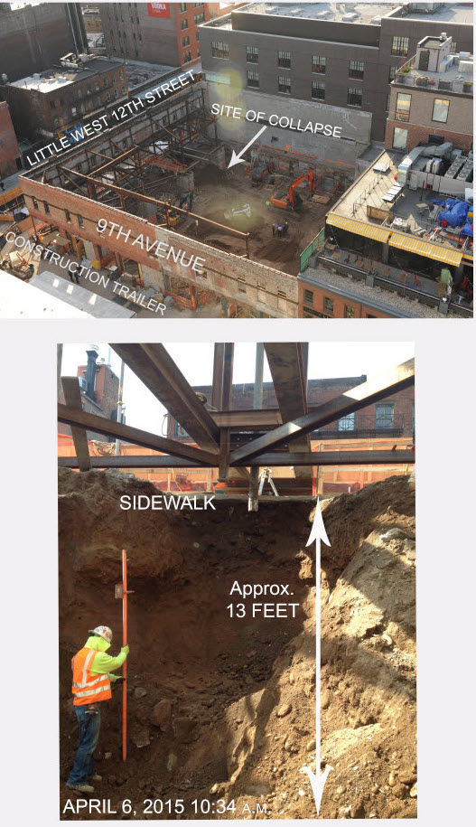 An overhead view of the site and a picture from inside the trench show the conditions on the day of the accident.