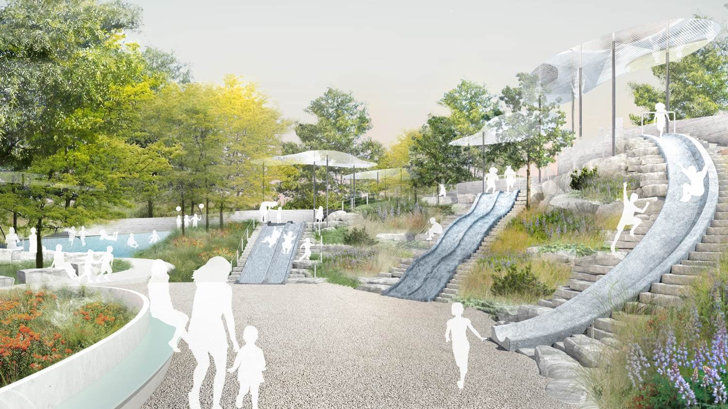 The Battery Conservancy “Adventure Bluffs” will include stone slides and lots of greenery. 