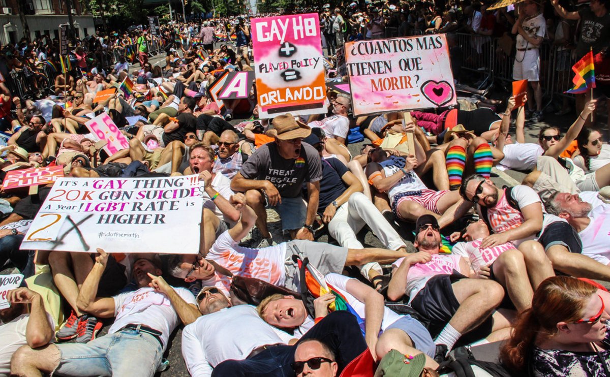 GAG on it! Anti-gun group to N.R.A. 2 Anti-gun marchers staged die-ins along the route of the Pride March on Sunday. Photo by Tequila Minsky
