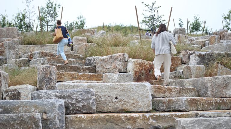 Old, reclaimed blocks of granite, which have been Governors Island's seawall for more than 100 years, serve as an alternative, stepped path to the top of Outlook Hill, one of four peaks that make up The Hills.