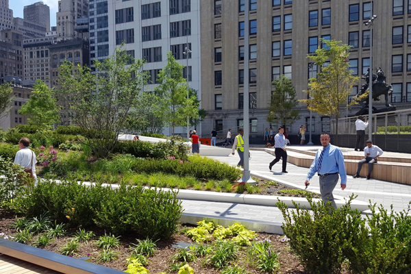 Photo by Catherine McVay Hughes The one-acre elevated park in the heart of Downtown includes 19 planters filled with more than 50 trees, as well as shrubs and perennial flowers, offering visitors an escape from the frenetic bustle of Lower Manhattan life.