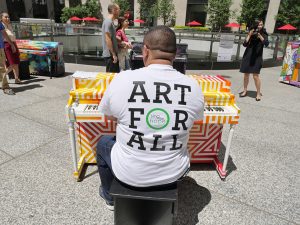 Photo by Milo Hess After the June 6 kickoff event, the 50 painted were dispersed across the city to high-traffic areas where members of the general public are invited to try them out until June 19, when they will be delivered to public schools.