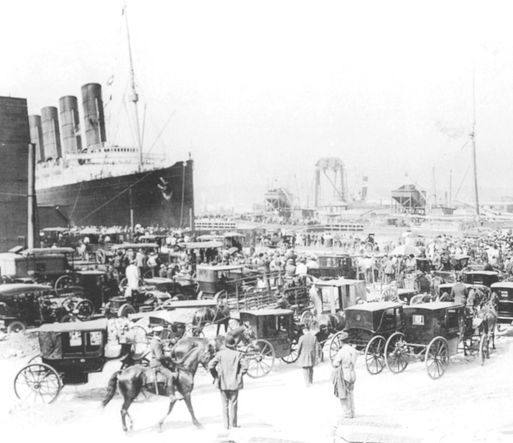 The Lusitania arriving at Pier 54, one of the Cunard line piers, in 1908.