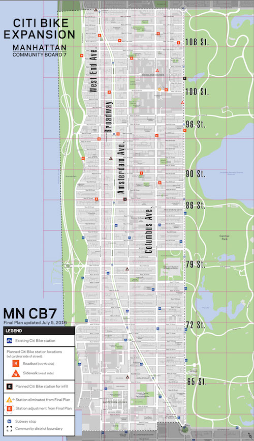 The plan the city Department of Transportation presented at Community Board 7’s July 12 meeting for modifying and expanding the Upper West Side’s Citi Bike docking station network drew significant criticism. | NYC DOT