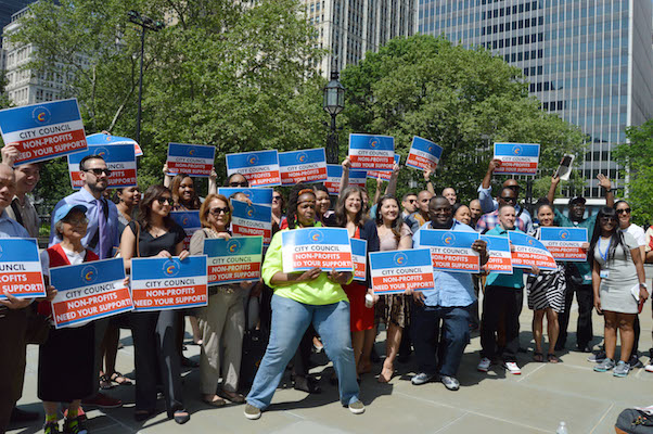 A May rally at City Hall calling for increased cost reimbursements for nonprofit social service contractors. | JACKSON CHEN 