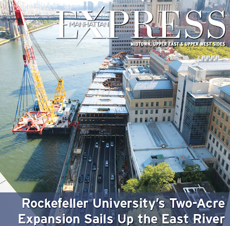 Rockefeller University is monitoring progress on its two-acre expansion with photos, snapped every 10 minutes from a vantage point north of the campus, that show the modules, currently capped in light blue, that sit over the FDR Drive and will be the structural base for the campus expansion. | COURTESY: ROCKEFELLER UNIVERSITY 