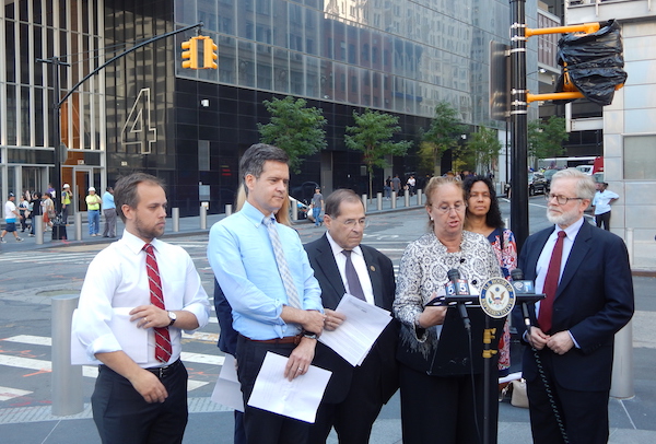 A July 21 press conference outside the Port Authority 4 World Trade Center offices included Matt Green, a staff member of Councilmember Corey Johnson’s, State Senator Brad Hoylman, Congressmember Jerrold Nadler, Borough President Gale Brewer, CB4 Chair Delores Rubin, and Assemblymember Richard Gottfried. | SEAN EGAN 