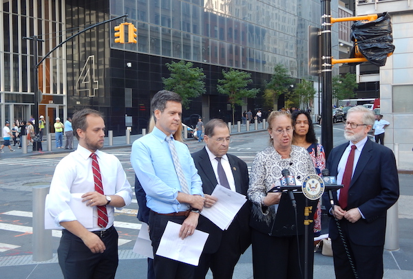 Port Authority, Elected Officials Lock Horns Over New Bus Terminal 1 A July 21 press conference outside the Port Authority 4 World Trade Center offices included Matt Green, a staff member of Councilmember Corey Johnson’s, State Senator Brad Hoylman, Congressmember Jerrold Nadler, Borough President Gale Brewer, CB4 Chair Delores Rubin, and Assemblymember Richard Gottfried. | SEAN EGAN