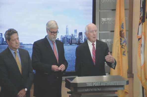 Port Authority chair John J. Degnan (at podium) and vice chair Steven M. Cohen (l.) at a press conference following the agency’s July 21 board meeting. | PORT AUTHORITY OF NEW YORK AND NEW JERSEY 