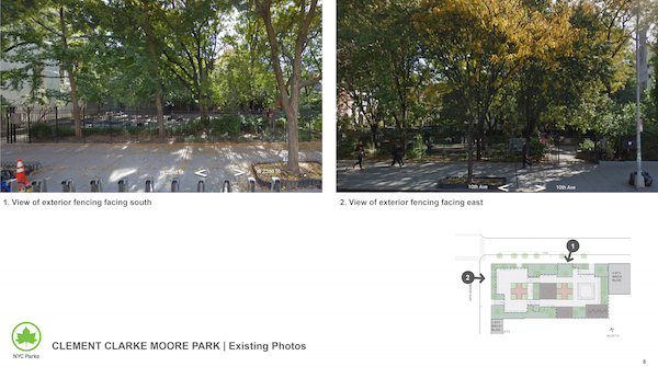 A view of the park’s current fence, as seen in the presentation given to CB4 in March. Residents fought in favor of the taller height, citing safety issues. Image courtesy NYC Parks Department.