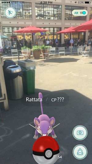 Pokémon Go, From the High Line to the Hudson 3 Catching a Rattata on the pedestrian island on Ninth Ave. at W. 14th St., across from the Apple Store. Photo by Jane Argodale.