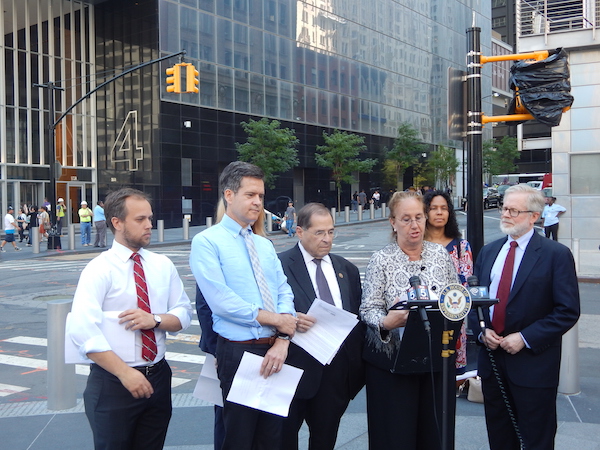 Electeds Rally to Reboot PABT Design Process 1 L to R: Matt Green of Councilmember Corey Johnson’s office, State Senator Brad Hoylman, Congressmember Jerrold Nadler, Borough President Gale Brewer, CB4 Chair Delores Rubin, and State Assemblymember Richard Gottfried. Photo by Sean Egan.