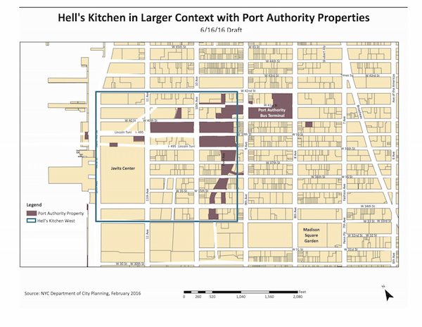 A map showing land owned by the Port Authority was used in a recent discussion by Community Board 4’s Clinton/Hell’s Kitchen Land Use Committee. The matter will be covered at CB4’s July 27 full board meeting, where the public can arrive early to sign up for a two-minute speaking slot. Image courtesy CB4.