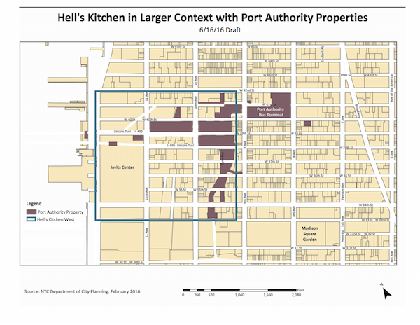 Electeds Rally to Reboot PABT Design Process 2 A map showing land owned by the Port Authority was used in a recent discussion by Community Board 4’s Clinton/Hell’s Kitchen Land Use Committee. The matter will be covered at CB4’s July 27 full board meeting, where the public can arrive early to sign up for a two-minute speaking slot. Image courtesy CB4.
