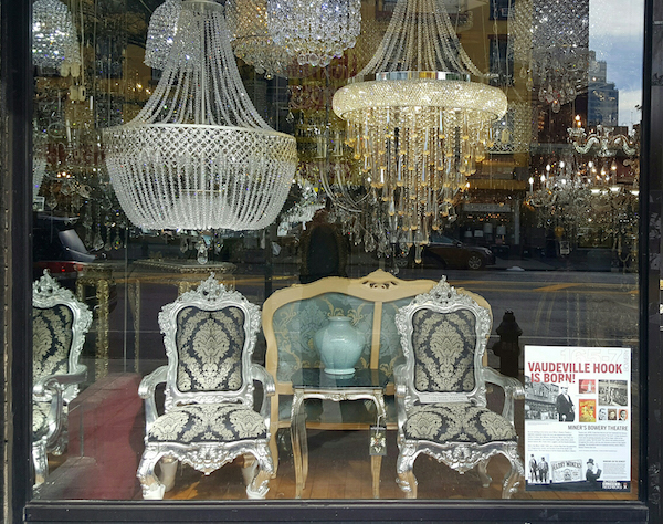 The Bowery-Mandarin Dynasty Chandelier storefront’s poster touts its address as the “Birthplace of the Vaudeville Hook.” Photo by David Mulkins.