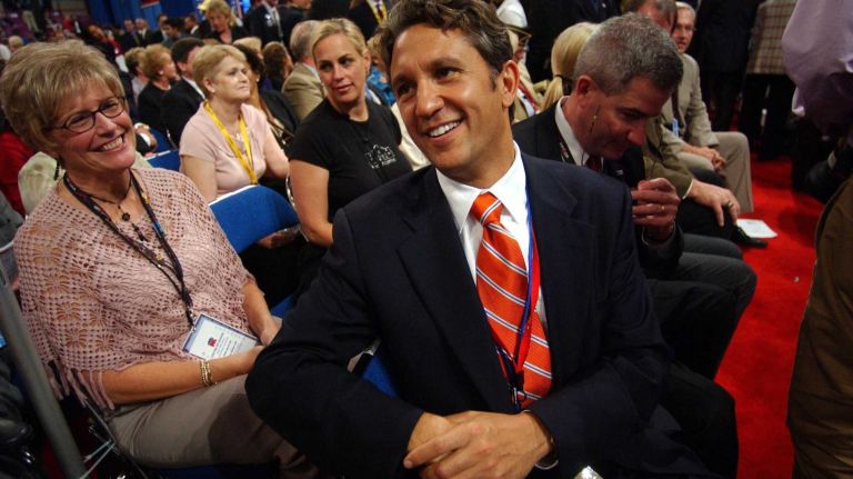 Rick Lazio sits with the New York delegates at the Republican National Convention on Sept. 1, 2004, at Madison Square Garden.