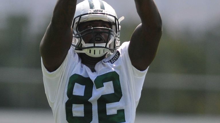 Brandon Bostick #82, Tight End, makes a catch during the first day of New York Jets team training camp at Atlantic Health Jets Training Center in Florham Park, NJ on Thursday, July 28, 2016.