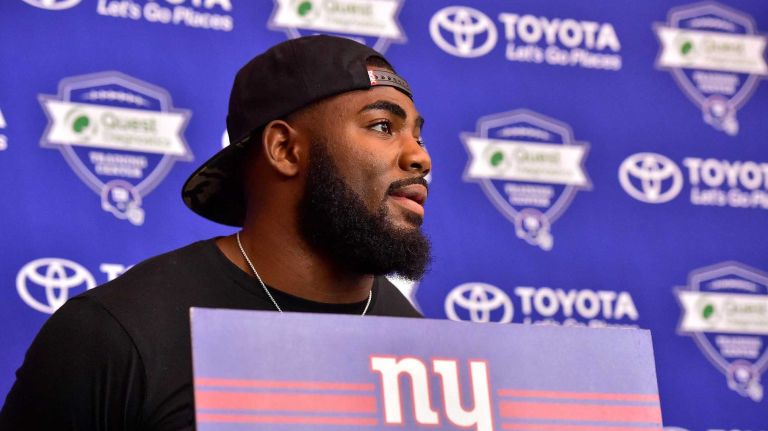New York Giants safety Landon Collins speaks with the media at Quest Diagnostics Training Center in East Rutherford, New Jersey on Thursday, July 28, 2016. New York Giants Training Camp.