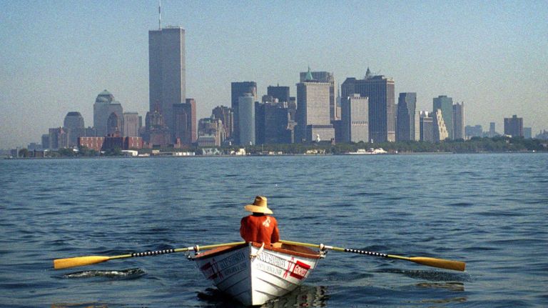 Rick Shalvoy, during his Row for a Cure voyage, passes by Manhattan on Aug. 17, 1997.