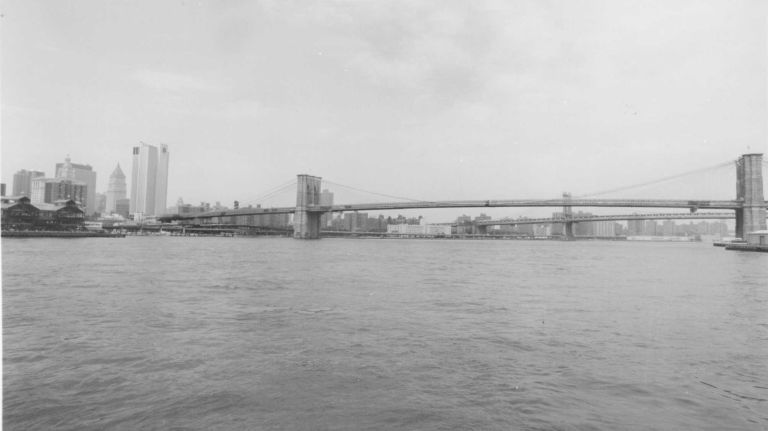 The New York City skyline, including lower Manhattan and the Brooklyn Bridge, as seen on July 19, 1992.